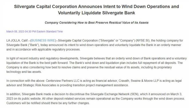 突发爆雷！Silvergate宣告倒闭自愿进行资产清算