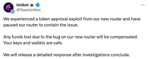 Unibot遭攻击损失超50万美元TGBOT安全性遭受质疑