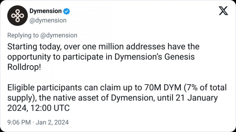 SOLANA以太坊和COSMOS用户现在可以参与最新空投DYMENSION