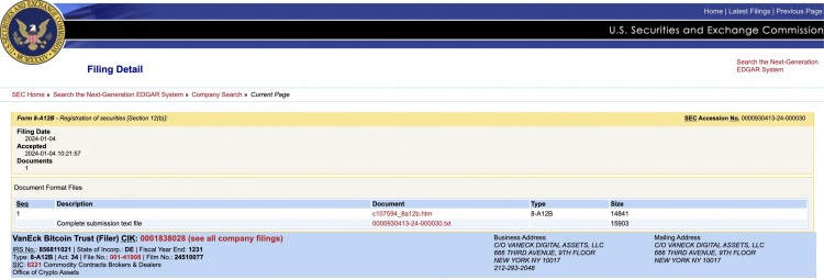 VanEck 比特币信托向SEC提交注册申请，重大举措展示合规和透明度