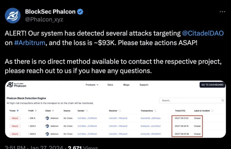 Citadel.one 遭受 Arbitrum 链攻击，损失约 93,000 美元