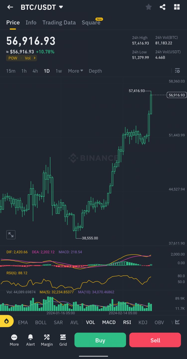 比特币价格走势分析：57,416 美元峰值，市场倾向看涨，价格或回落至 